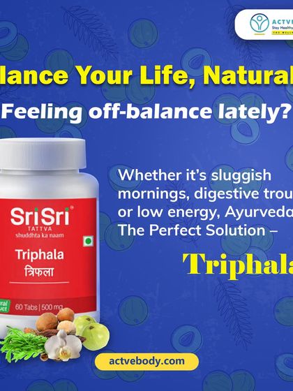 Feeling off-balance? Ayurveda has the perfect solution: Triphala. This image of Sri Sri Triphala tablets explains that whether it's sluggish mornings or digestive troubles, this natural remedy helps restore balance.