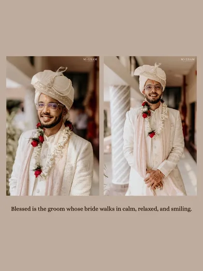 A diptych of the groom looking calm and happy on his wedding day. Dressed in a classic white sherwani, these portraits capture his relaxed and smitten demeanor.