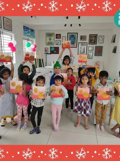 A group of excited kids holds up their completed paintings from the Christmas Art Party. It’s a day filled with creativity, laughter, and holiday cheer.