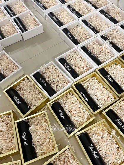 Personalization is our favorite, especially for bulk orders. This image shows a large order of custom-named water bottles, each one carefully prepared for corporate delegates.