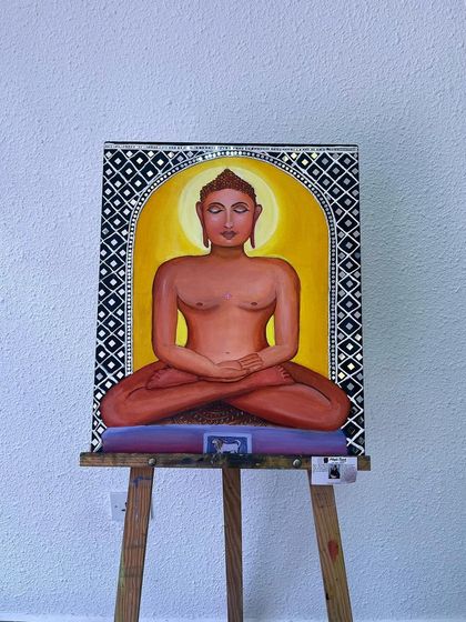 A clean, straight-on shot of the finished Mahavir Swami painting on its easel. This piece is available for commission, and I can create similar spiritual artworks tailored to your vision.