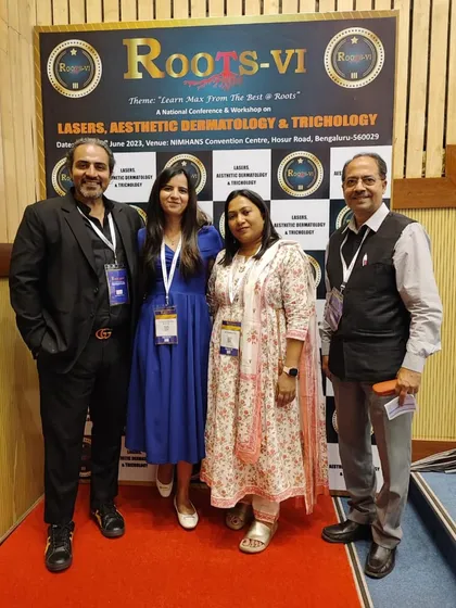 With my esteemed colleagues at the ROOTS-VI conference in Bengaluru. Collaborating with other experts in laser aesthetics and trichology is essential for staying at the forefront of hair and scalp treatment.