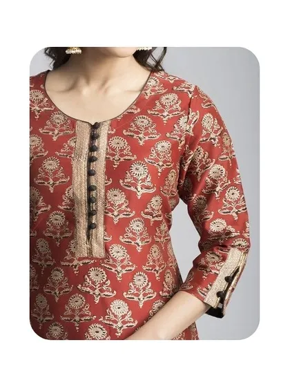 This is a detailed view of a kurti neckline with a contrasting placket and decorative buttons. The sleeve cuff is also finished with matching detail, creating a cohesive and polished look.