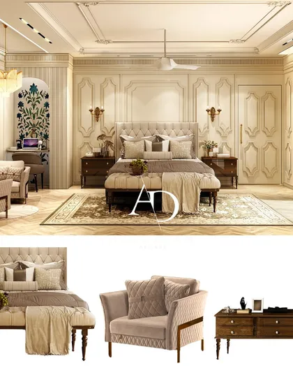 A mood board showcasing a classic and traditional bedroom design, featuring a tufted bed, a quilted armchair, and a dark wood dresser for a lavish and inviting feel.