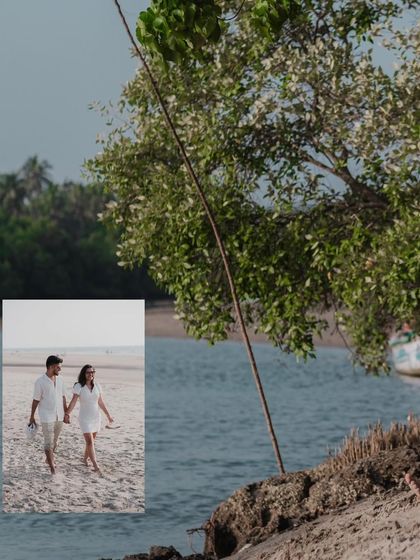A collage that captures the tropical beach environment, with a small inset of the couple walking. It sets the scene beautifully.