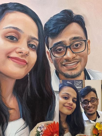 A side-by-side comparison of the original selfie and the final oil painting. I can even add elements, like the bouquet of flowers, to make the composition more special.