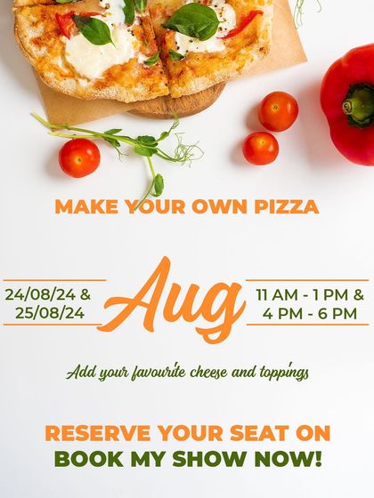 This poster for our August 'Make Your Own Pizza' event invites you to add your favorite cheese and toppings for a fun, rejuvenating weekend activity.
