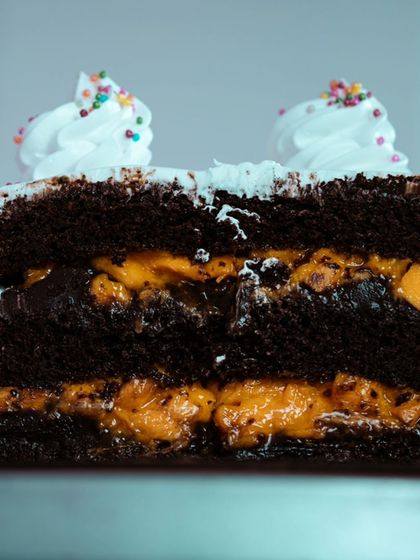 A cross-section of the eggless chocolate cake, showing the rich, dark sponge layered with a delicious mango filling.