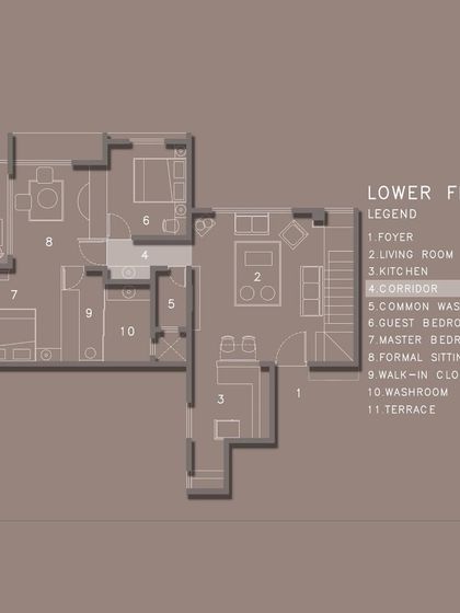 This floor plan detail shows the corridor on the lower floor of the Duplex Project, a transitional space we designed to be both functional and aesthetically pleasing.