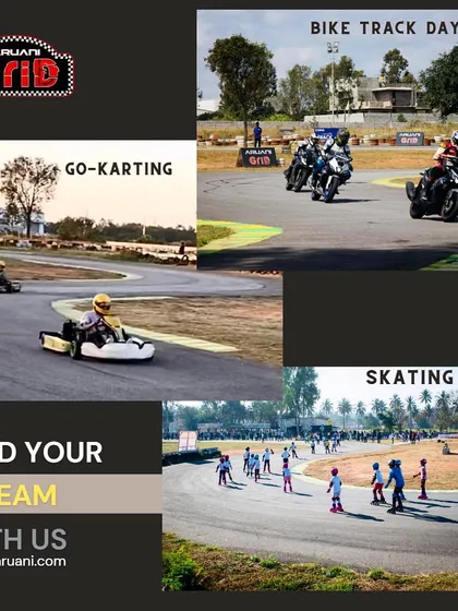 We are a multi-disciplinary facility. This collage shows the variety of activities we offer, from go-karting and bike track days to skating for the whole family.