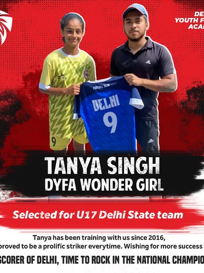 A graphic announcing Tanya Singh's selection for the Delhi State U17 team.
