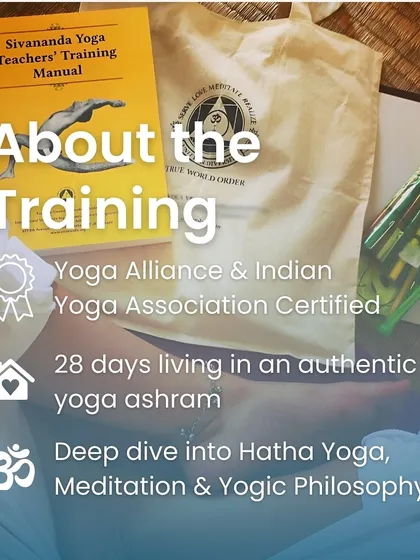 Here you can see the core components of our 200-hour certification. You will receive our official Sivananda Yoga Teachers' Training Manual and embark on a 28-day residential journey into Hatha yoga and yogic philosophy, culminating in a certificate recognized by both the Yoga Alliance and the Indian Yoga Association.