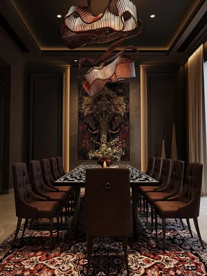 A front-on view of the sculptural dining area, emphasizing the symmetry of the space and the powerful presence of the artwork and oversized rug.