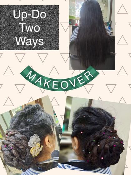 Two different updo variations created from the same long hair. This collage shows how a simple change in accessories and technique can create two unique looks.