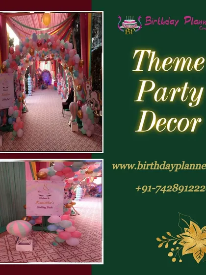 We can transform any space, including hallways and entry passages, to extend the event's theme throughout the venue. This image shows a fully decorated walkway with balloon arches and custom signage, creating a continuous experience for guests.