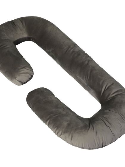 A grey C-shaped pregnancy pillow, shot on a white background. The detachable part is shown separately.