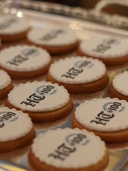A closer look at the HT100 branded cookies, showcasing the sharp detail and professional finish of our custom edible creations.