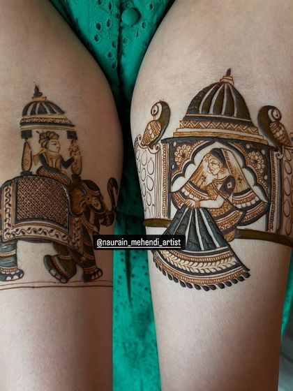 A royal bridal startup. On one arm, the groom arrives on an elephant, and on the other, the bride waits in a doli. This is storytelling at its finest.