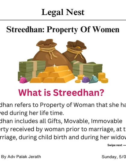 What exactly is Streedhan? It includes all movable and immovable property you receive at any point in your life, from before marriage to during childbirth. This graphic provides a clear definition of what constitutes your personal property.