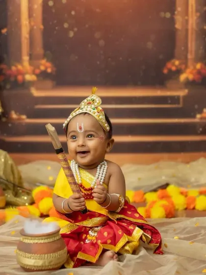 Look at this adorable little Krishna! I love creating special themed photoshoots, especially for festivals like Janmashtami. We can bring any creative vision to life for your baby's portraits.