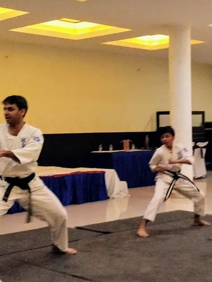 Karate is for everyone, regardless of age. Here, Senpai Manish and Senpai Jash, both 1st Dan Black Belts, demonstrate that the journey of learning is lifelong.