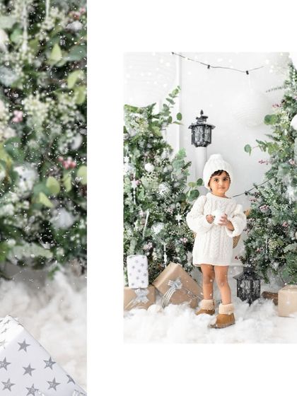 The magic begins. This image captures the enchanting atmosphere of my 2023 Christmas mini sessions, complete with snow and festive lights.