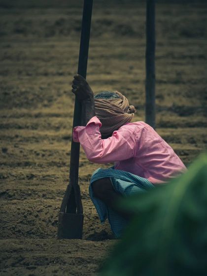 A farmer takes a moment of rest while preparing the soil. This image captures the hard work and connection to the land that goes into every vegetable we grow.