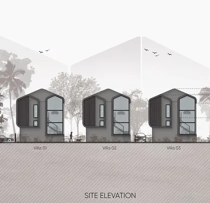 A site elevation drawing of the Vagator Villas. This technical drawing shows the consistent typology of the homes, with their distinctive curved roofs and large window openings designed to capture light and views.