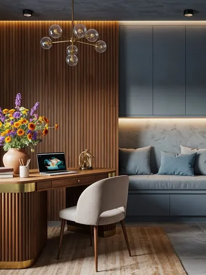 A modern and moody home office with fluted wood paneling, a sleek desk, and a comfortable blue seating nook.