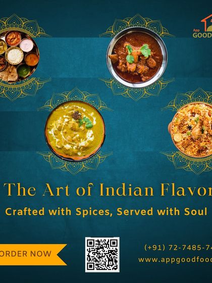 The art of Indian flavor, crafted with spices and served with soul. This image displays four of our signature dishes: a thali, a mutton curry, a creamy korma, and a biryani.