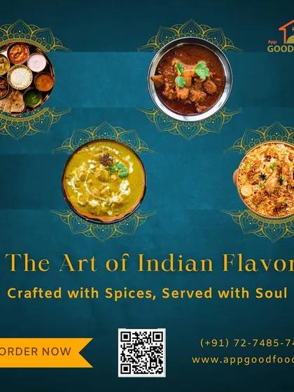 The art of Indian flavor, crafted with spices and served with soul. This image displays four of our signature dishes: a thali, a mutton curry, a creamy korma, and a biryani.