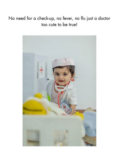 The doctor is in, and she is too cute to be true. This little one, dressed in a doctor's coat with a toy stethoscope, brings smiles and laughter in this fun, career-themed baby shoot.
