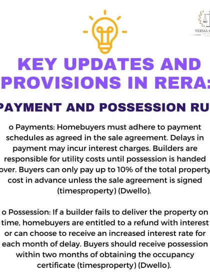Understanding the rules around payment and possession is crucial. This graphic outlines your obligations as a homebuyer to adhere to payment schedules and the builder's responsibility for costs until handover. It also details your rights to a refund or interest if the builder fails to deliver the property on time.