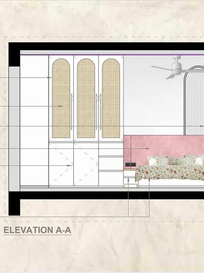 The joy of watching a design come to life. This image shows the technical elevation drawing for a bedroom, which we then brought to reality.