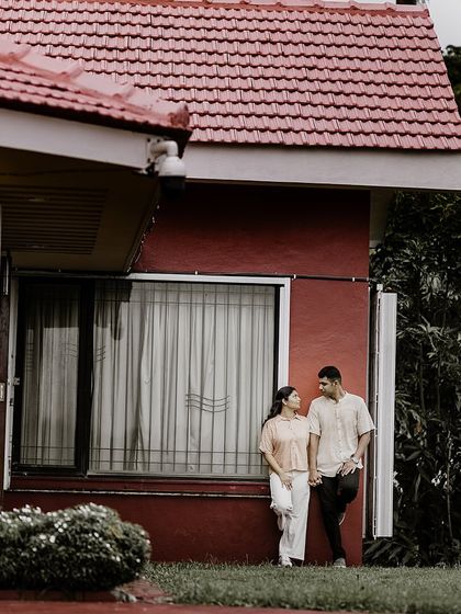 A collage capturing a couple's relaxed and happy moments outside a rustic house, telling a story of home and love.
