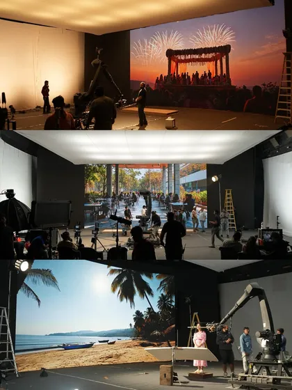 This collage demonstrates the versatility of our virtual studio for the Campa commercial. We created three completely different scenes: a wedding, a modern building exterior, and a tropical beach, all in a single day of shooting.