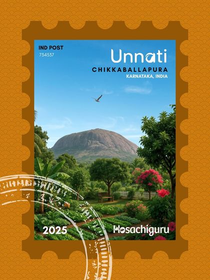 A custom postage stamp design for Unnati, Chikkaballapura, showing a beautiful landscape with the Varlakonda hill.