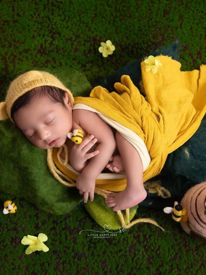 This little honeybee is buzzing with cuteness! The vibrant yellow and green colors, along with the beehive prop, make this a cheerful and nature-filled theme.