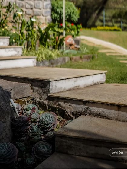 Stone steps are integrated into the natural rock of the site, creating a rustic and organic pathway through the garden.