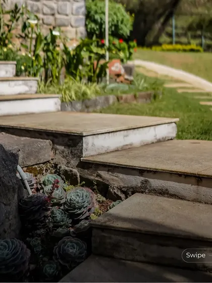 Stone steps are integrated into the natural rock of the site, creating a rustic and organic pathway through the garden.