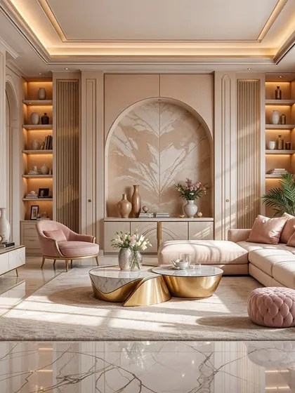 Another blush-themed living room, this one featuring elegant archways and gold accents for a touch of modern classicism.