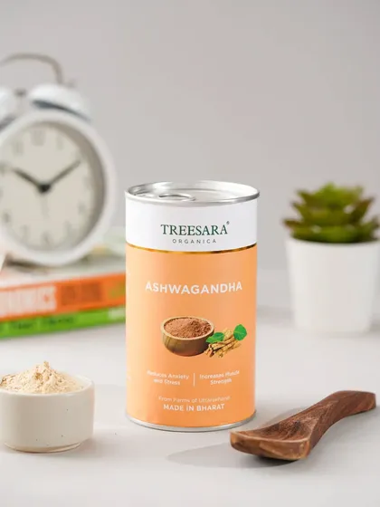 A product shot of Ashwagandha powder, styled with a clock to subtly suggest its benefits for managing stress and promoting a calm routine.