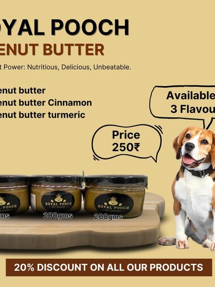 Peanut Power! My peanut butter is nutritious, delicious, and unbeatable. This graphic shows my three popular flavors, all available at a great price for your royal pooch.