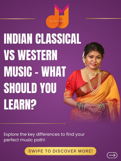 This is the cover image for our carousel comparing Indian Classical and Western music. It invites you to swipe and discover the key differences to find your perfect path.