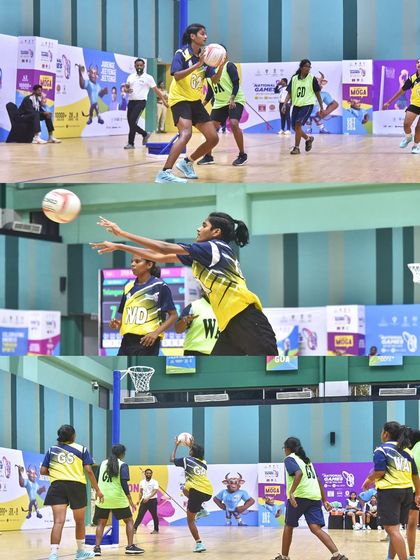 A collage dedicated to Sakshi Gore, showcasing her scoring prowess during the National Games. These images highlight her focus and technique as she moves the ball and aims for the goal.