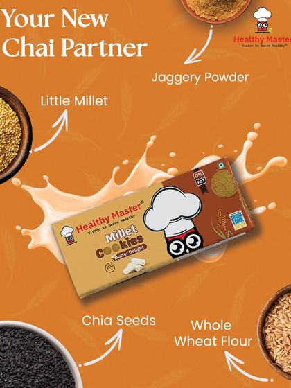 Our Butter Delight Millet Cookies are your new perfect chai partner. Made with little millet, jaggery powder, chia seeds, and whole wheat flour, they are a wholesome treat.