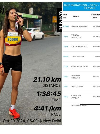 My personal best half marathon time from the Vedanta Delhi Half Marathon, combined with the official results. This is the proof of what's possible.