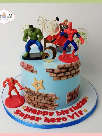 Another look at our action-packed Avengers cake, perfect for a superhero-themed 5th birthday party.