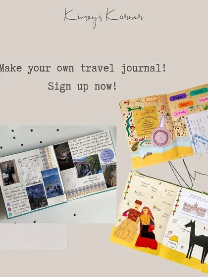 Make your own travel journal. These are some examples from past workshops, showing how you can combine photos, tickets, and drawings to tell your story.