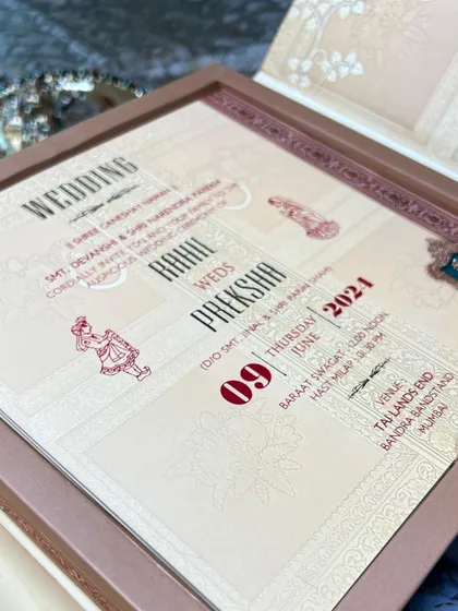 A beautifully framed wedding insert from a royal invitation suite, showcasing the elegant typography and layout.
